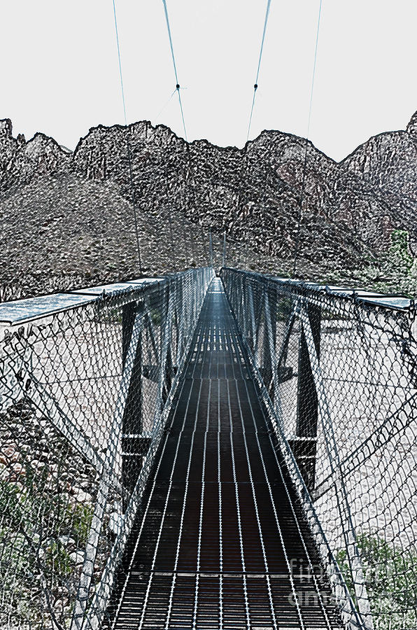 Silver Bridge over Colorado River at bottom of Grand Canyon National Park BW Colored Pencile Digital Art by Shawn OBrien