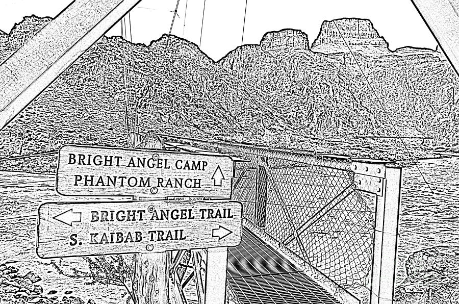 Grand Canyon National Park Digital Art - Silver Bridge Signs over Colorado River at bottom of Grand Canyon National Park BW Line Art by Shawn OBrien