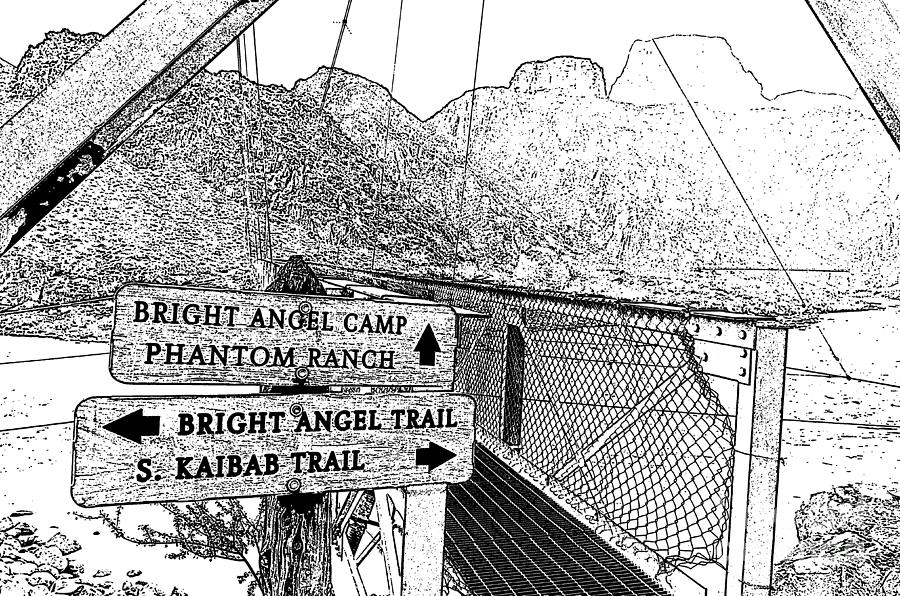 Silver Bridge Signs over Colorado River at bottom of Grand Canyon National Park BW Stamp Digital Art Digital Art by Shawn OBrien