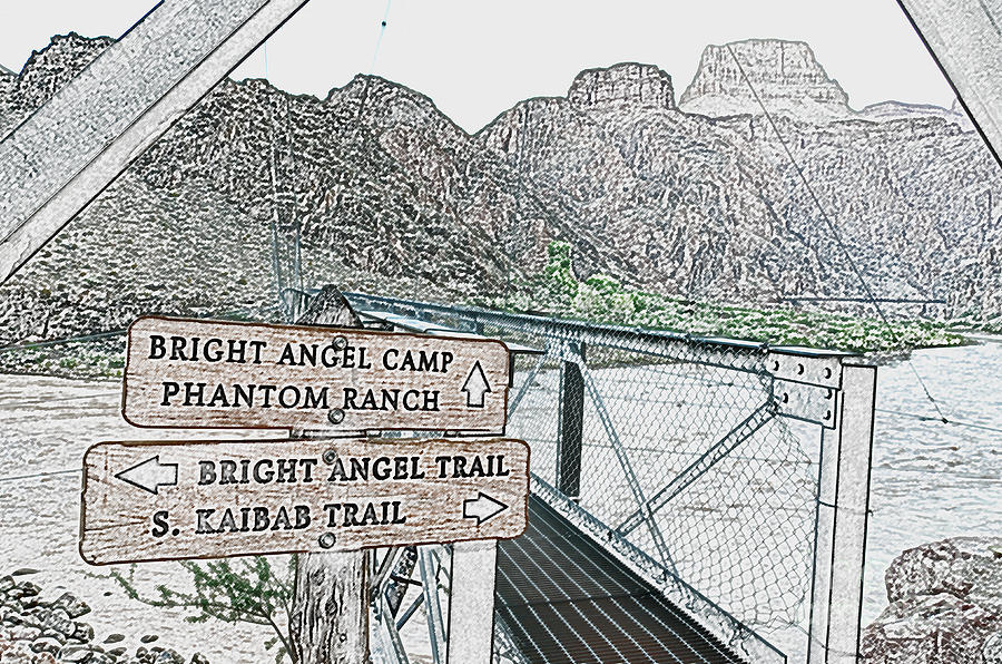 Silver Bridge Signs over Colorado River at bottom of Grand Canyon National Park Colored Pencil Digital Art by Shawn OBrien