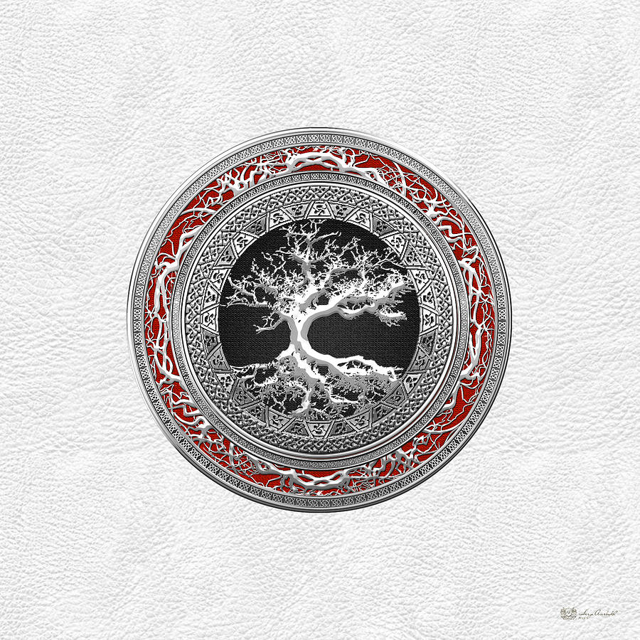 Silver Celtic Tree of Life on White Leather Digital Art by Serge Averbukh
