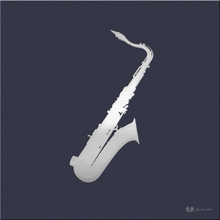 Minimalist Decor Digital Art - Silver Embossed Saxophone on Dark Slate Gray Background by Serge Averbukh