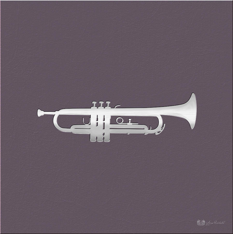 Minimalist Decor Digital Art - Silver Embossed Trumpet on Rosy Brown Background by Serge Averbukh