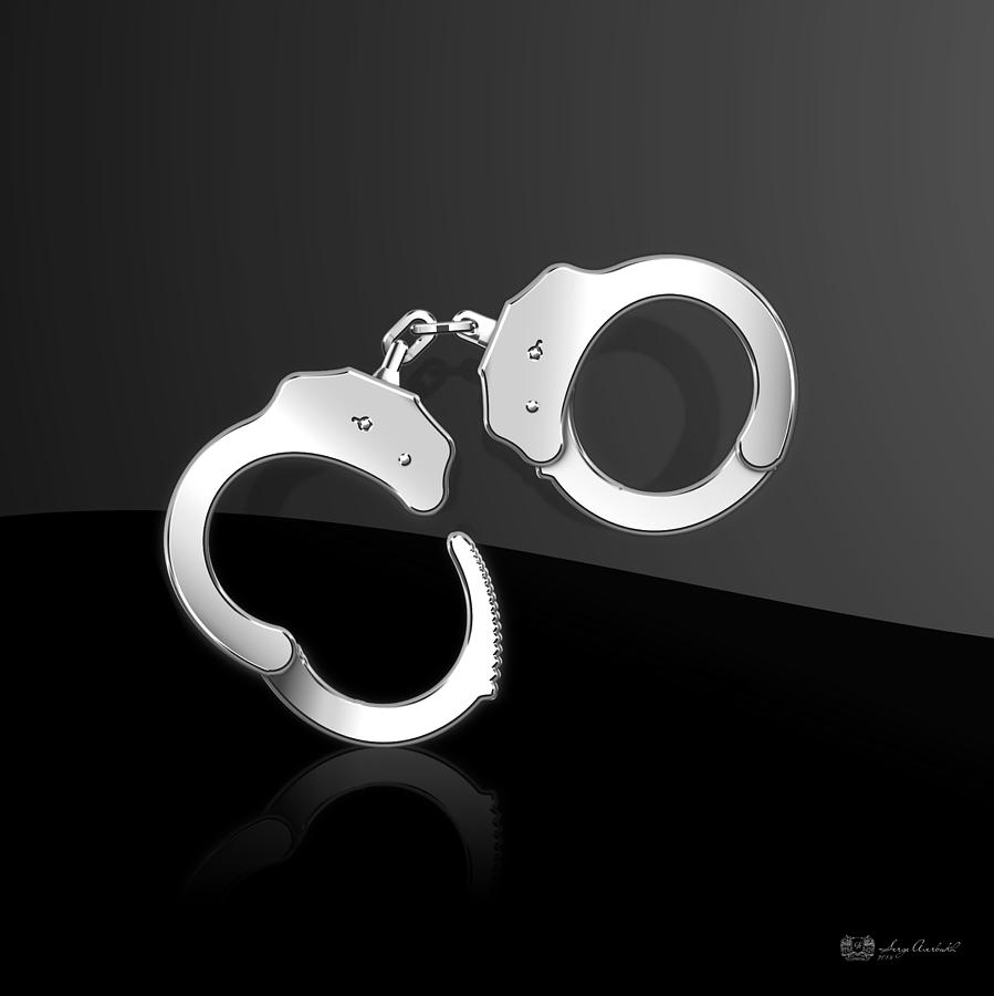 Bracelets Digital Art - Silver Handcuffs on Black Background by Serge Averbukh