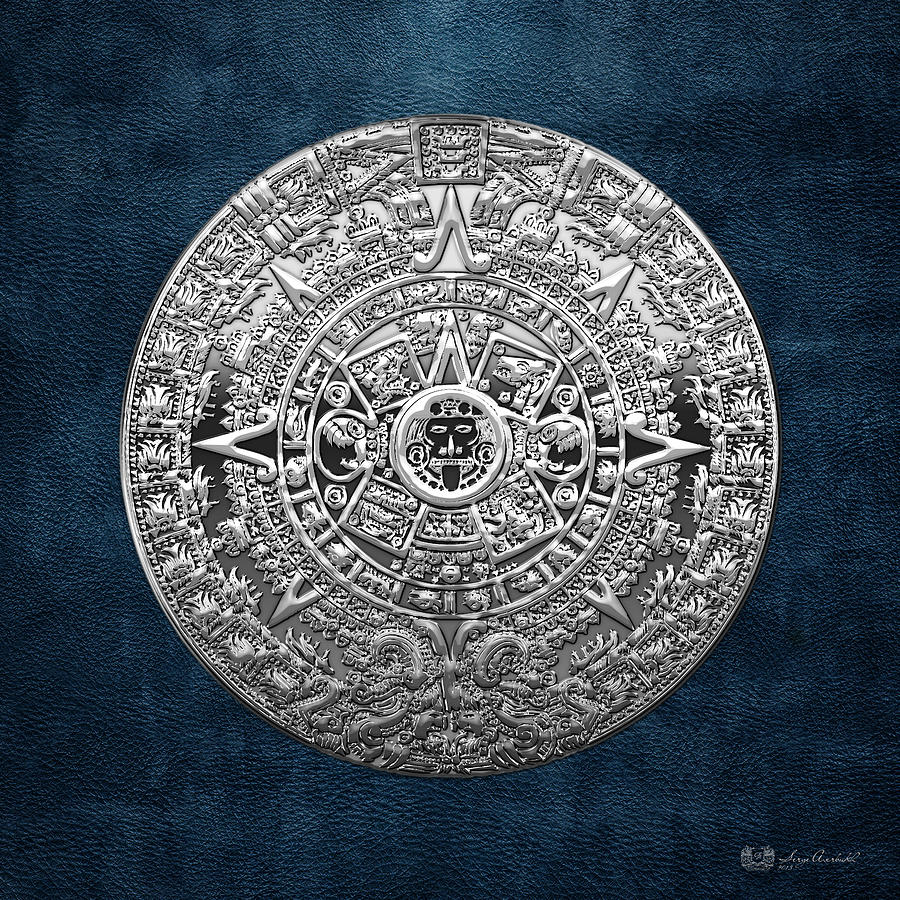 Silver Mayan-Aztec Calendar on Blue Digital Art by Serge Averbukh