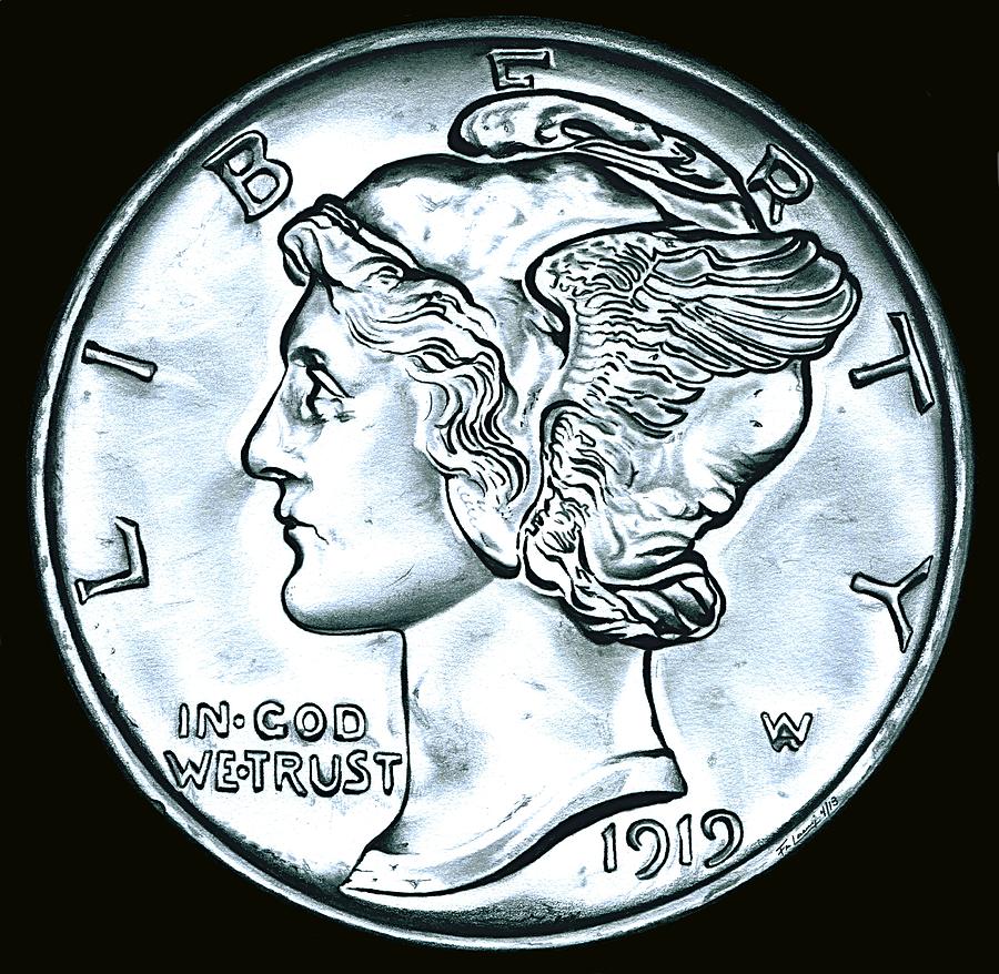 Coin Drawing - Black Silver Mercury Dime by Fred Larucci