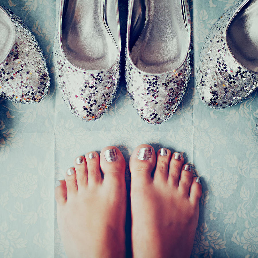 Silver plated glitter high-heels and feet Photograph by Julia Davila-Lampe