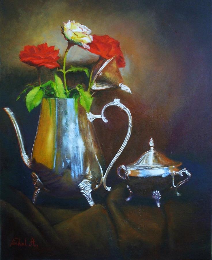 Rose Painting - Silver tea pot and roses by Farhat Ashufta
