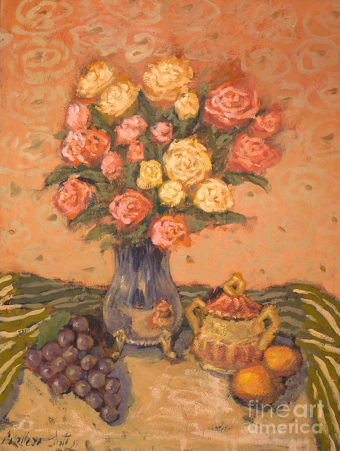 Silver vase and grapes I Painting by Monica Elena