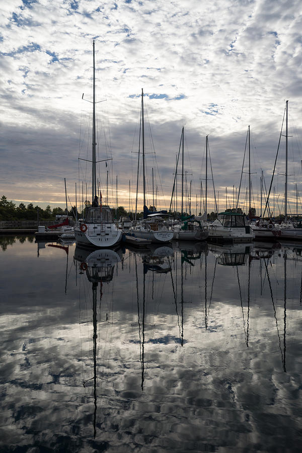 Boat Photograph - Silvery Sailboat Reflections - the Marina and the Pearly Clouds by Georgia Mizuleva