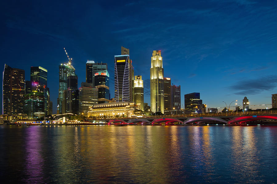 Skyscraper Photograph - Singapore River Waterfront Skyline at Blue Hour by Jit Lim