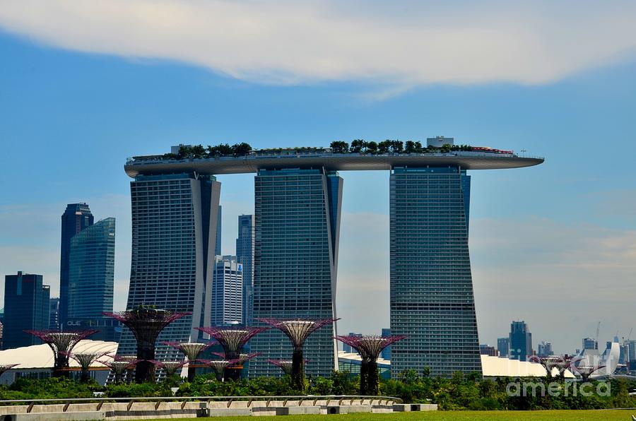 Singapore skyline with Marina Bay Sands and Gardens by the Bay Supertrees Photograph by Imran Ahmed