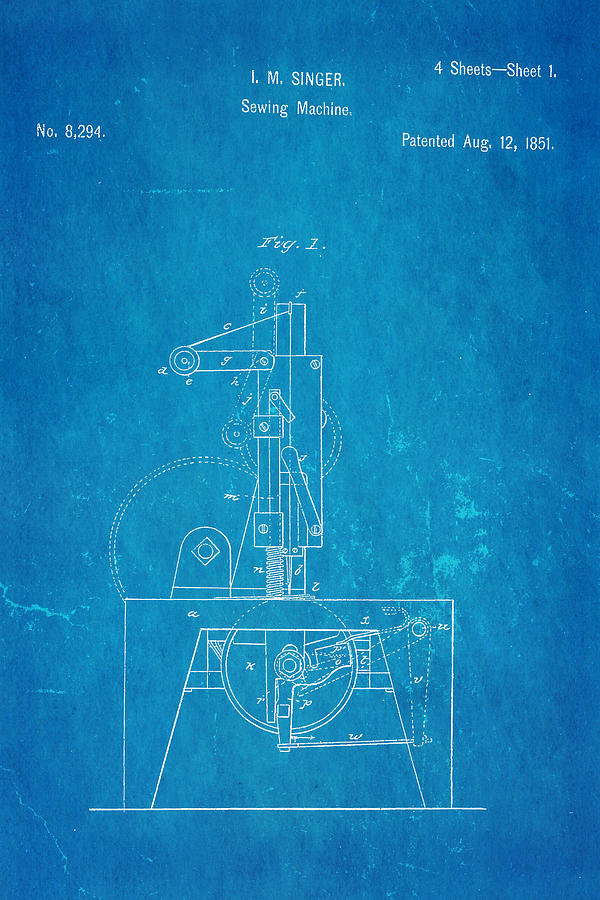 Vintage Photograph - Singer Sewing Machine Patent Art 1851 Blueprint by Ian Monk
