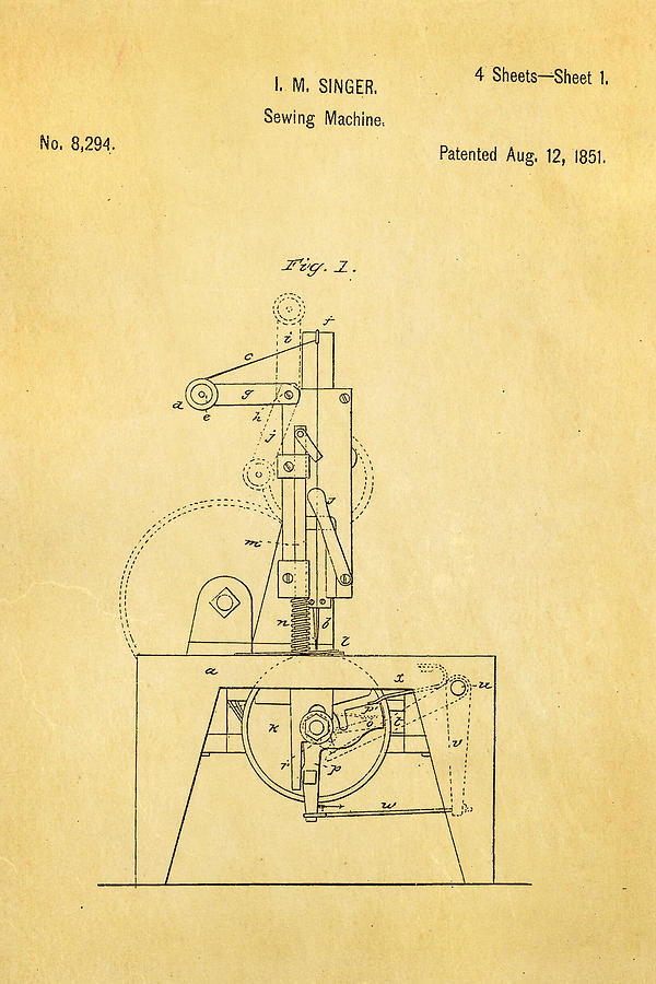 Vintage Photograph - Singer Sewing Machine Patent Art 1851  by Ian Monk