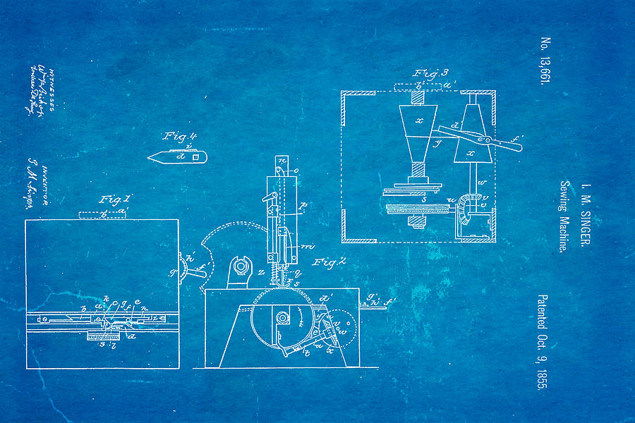Vintage Photograph - Singer Sewing Machine Patent Art 1855 Blueprint by Ian Monk