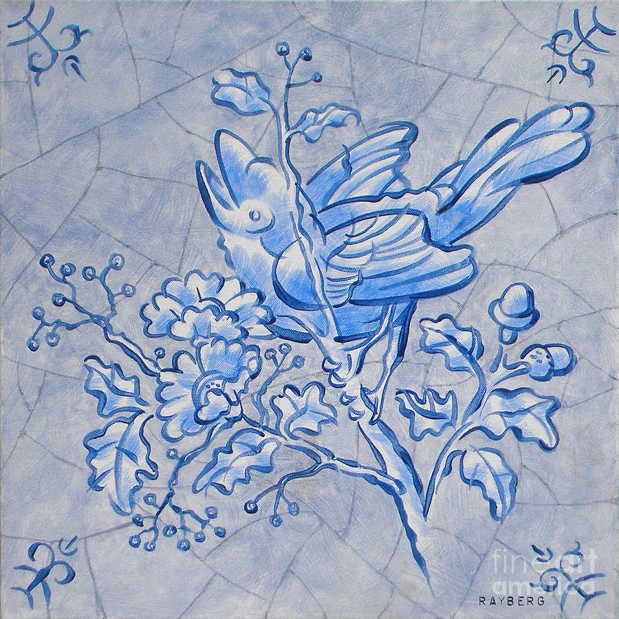 Singing Bird Painting - Singing bird Delft Blue by Raymond Van den Berg