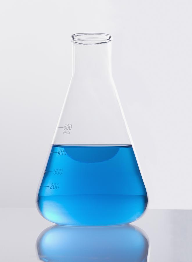 Still Life Photograph - Single Glass Flask With Blue Solution by Kelly Redinger