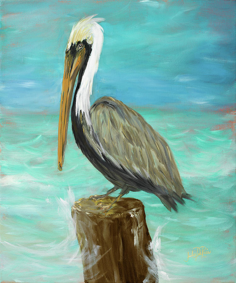Pelican Painting - Single Pelican On Post by Julie Derice