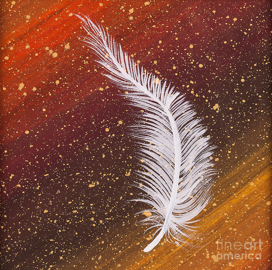 Single white feather painting by Carolyn Bennett Painting by Simon Bratt