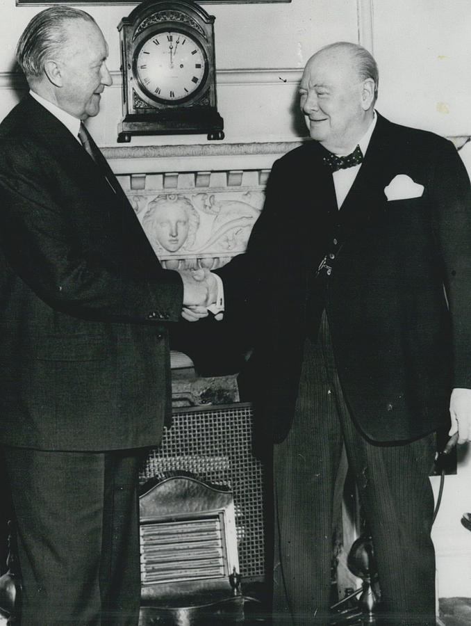 Vintage Photograph - Sir  Winston Churchill Greets Dr. Adenauer Visit  To No. 10 Donning Street. by Retro Images Archive