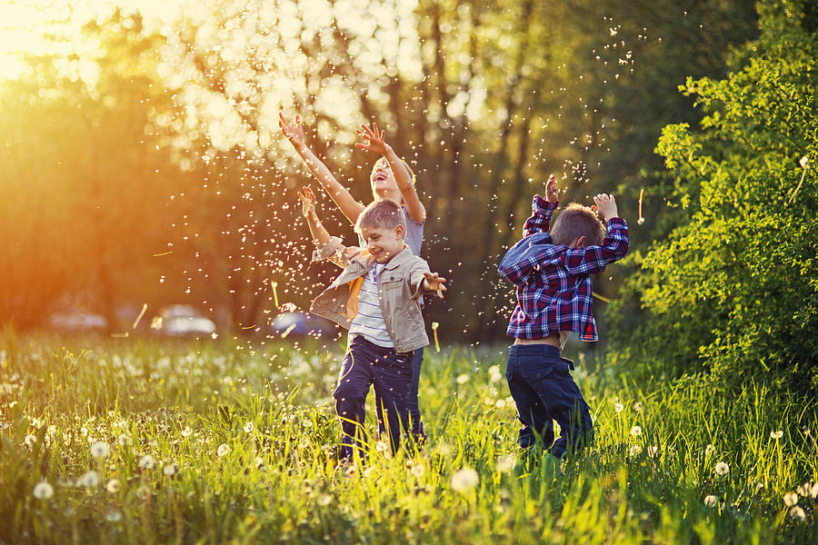 Sister and brothers playing in dandelion field Photograph by Imgorthand
