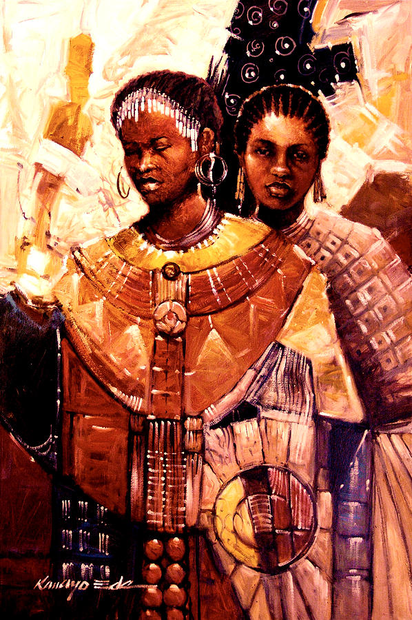 African American Painting - Sisters - Adorned ceremonial African sisters by Kanayo Ede