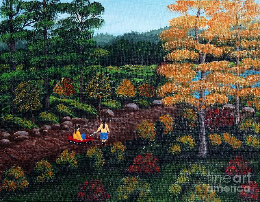 Sisters Autumn Stroll Painting by Barbara A Griffin