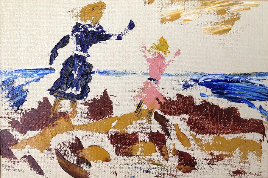 Sisters in the sand dunes Painting by Roger Cummiskey