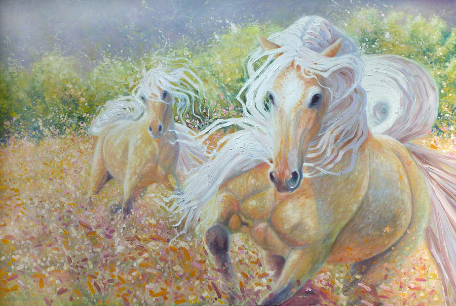 Sisters of Summer - horses in a summer meadow  Painting by Gill Bustamante