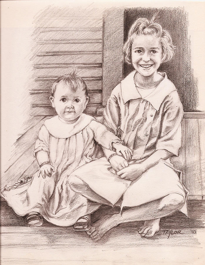 Portrait Drawing - Sisters on the Back Step by Sandy Taylor