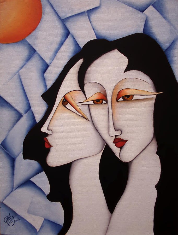 Sister Painting - Sisters under a paper sky by Simona  Mereu