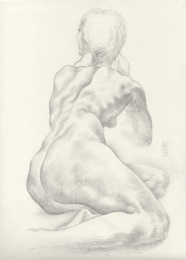 Female Nude Drawing - Sitting Female Nude in 4B Graphite with Twin Pony Tails Seen from Behind Looking Up to Her Left by Scott Kirkman