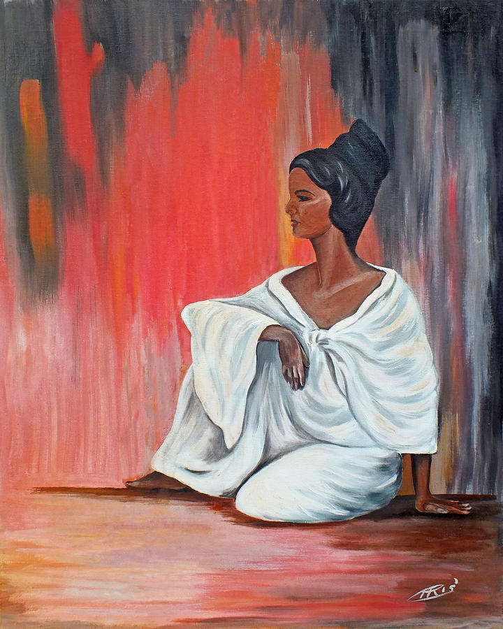 Sitting Lady in White next to a Red Wall Painting by Duane McCullough