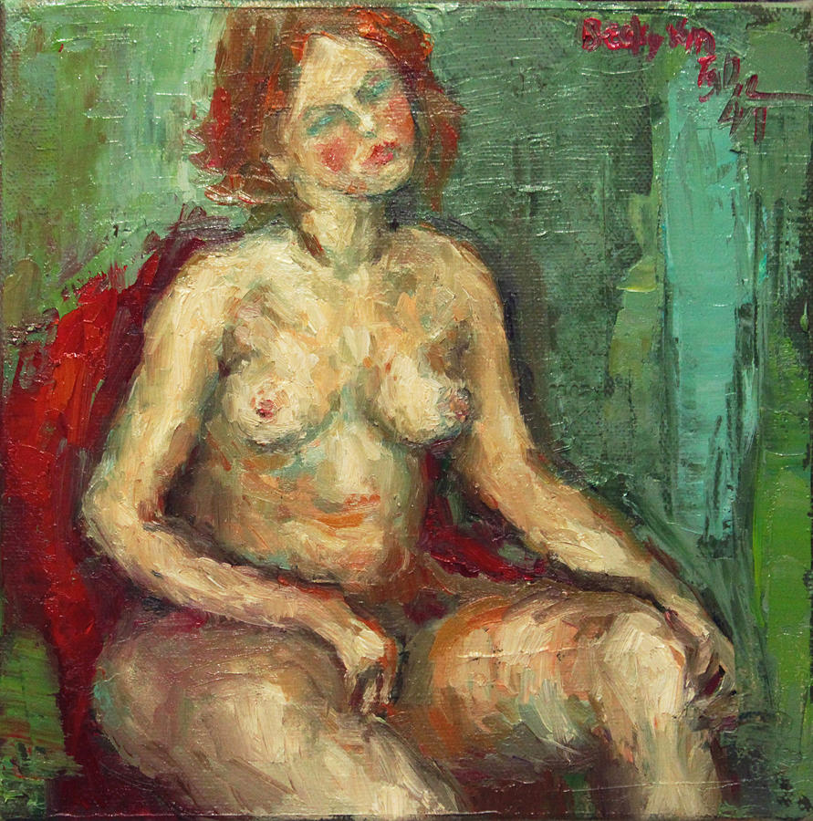 Female Nude in Red Chiar Painting by Becky Kim