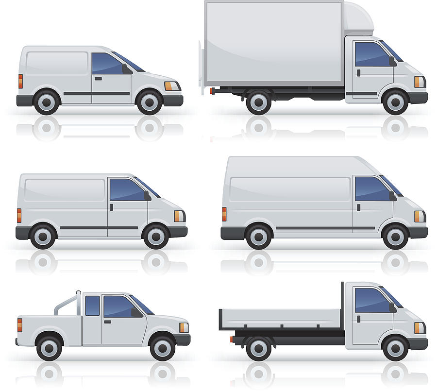 Six commercial van icons silhouetted on white Drawing by youngID