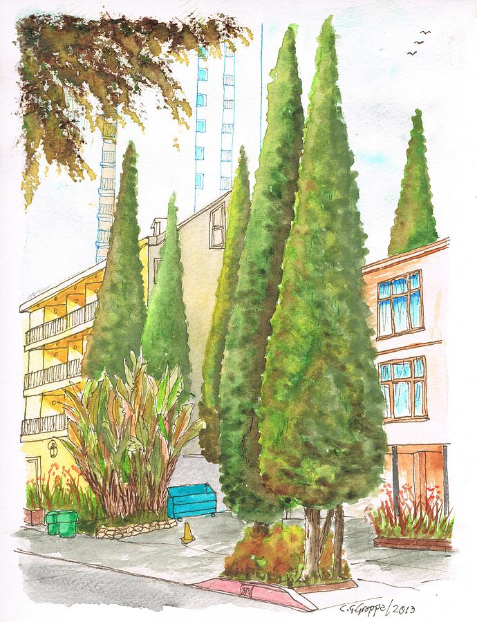 Nature Painting - Six sad cypresses at 8700 Shoreham Dr in the Hollywood Hills-California by Carlos G Groppa