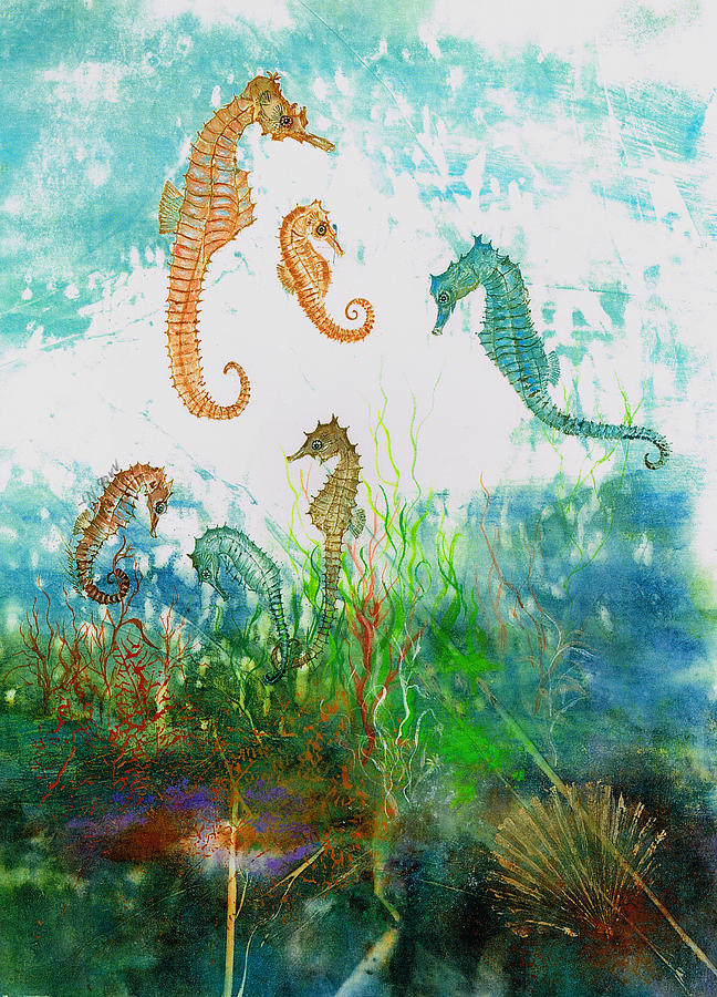 Fish Mixed Media - Six Seahorses In A Sea Garden by Nancy Gorr