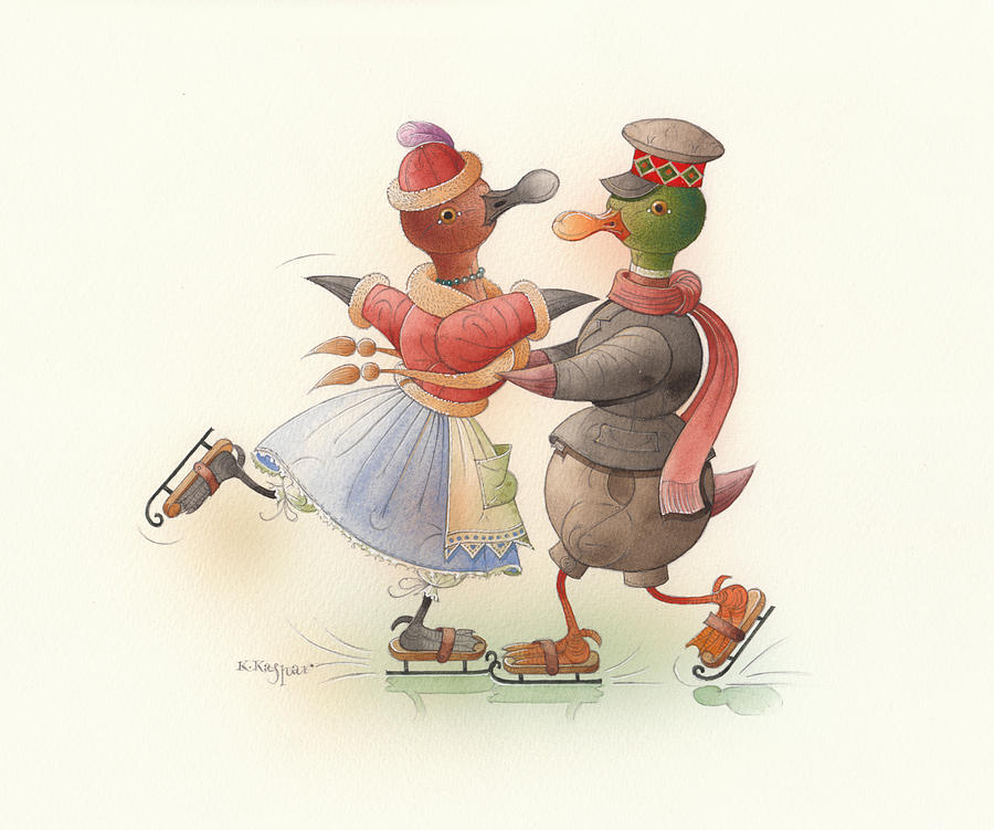 Skating Ducks 9 Painting by Kestutis Kasparavicius