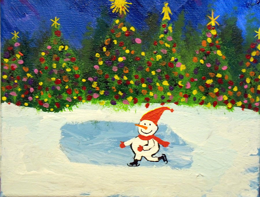 Hockey Painting - Skating Snowman by Daniel Nadeau