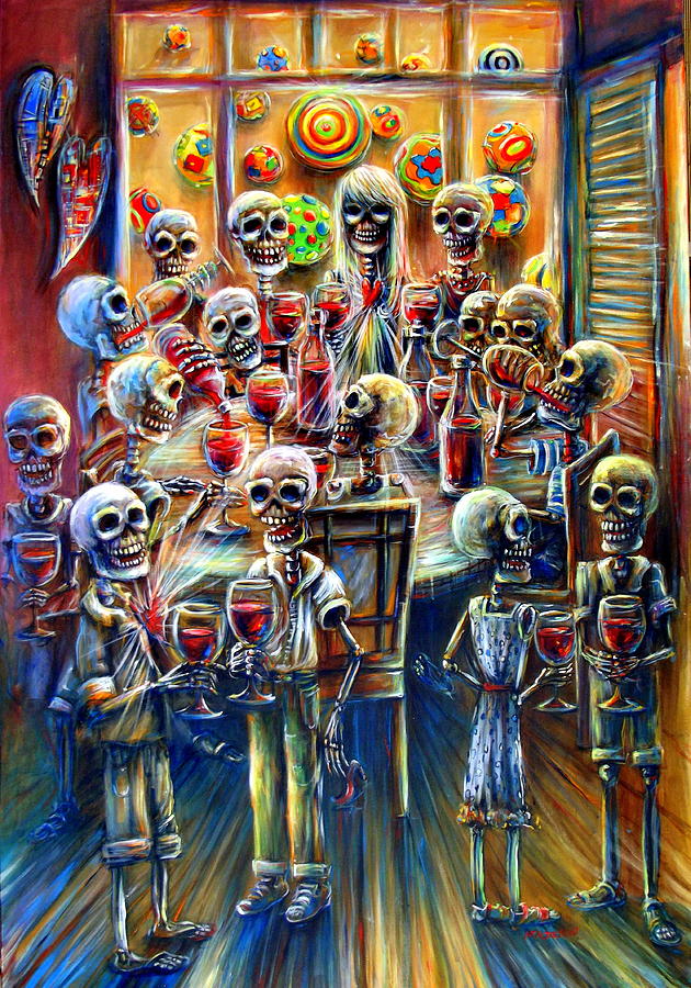 Skeleton Wine Party Painting by Heather Calderon