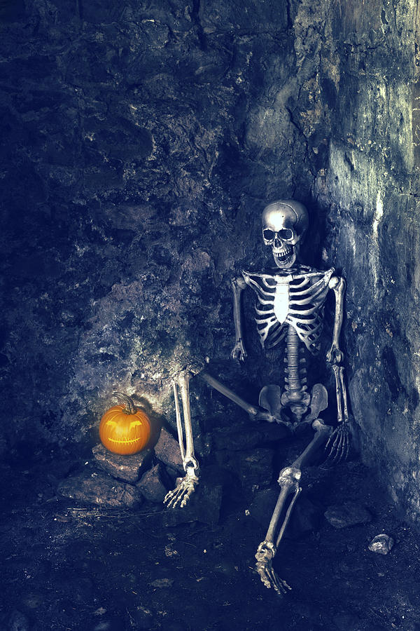 Halloween Photograph - Skeleton With Jack O Lantern by Amanda Elwell