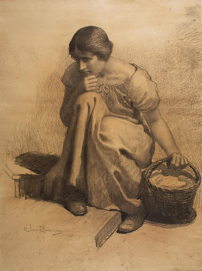 Sketch of a girl with a basket Drawing by Josep Llimona i Bruguera
