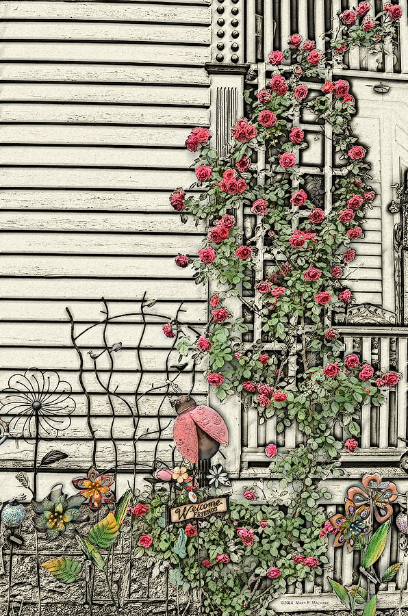 Architecture Digital Art - Sketch of Porch with Climbing Roses by Mary Machare