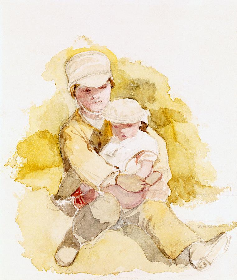 Hat Drawing - Sketch Of Two Children, C.1852 by Richard Redgrave