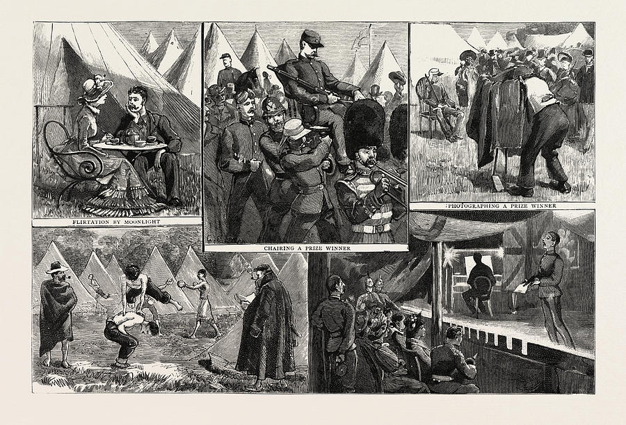 Vintage Drawing - Sketches At The Volunteer Camp, Wimbledon, Engraving 1884 by English School