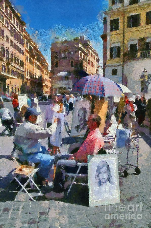 Sketching portraits outside Trinita dei Monti at Piazza di Spagna Painting by George Atsametakis