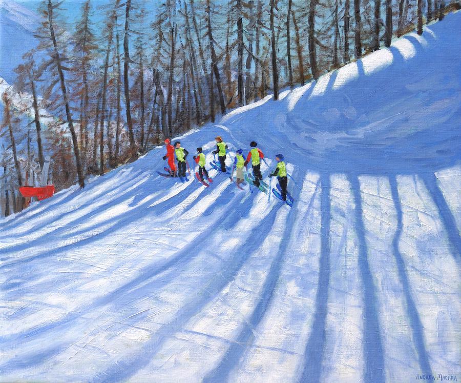 Andrew Macara Painting - Ski lesson by Andrew Macara