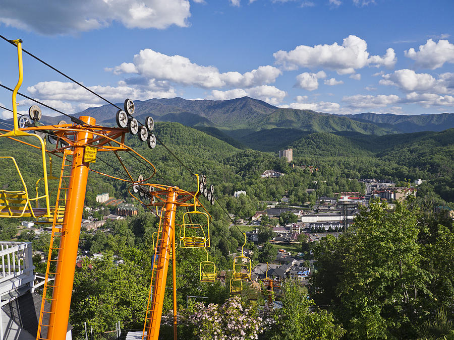 Ski lift overlooking the Smoky Mountains and Gatlinburg Photograph by Wbritten