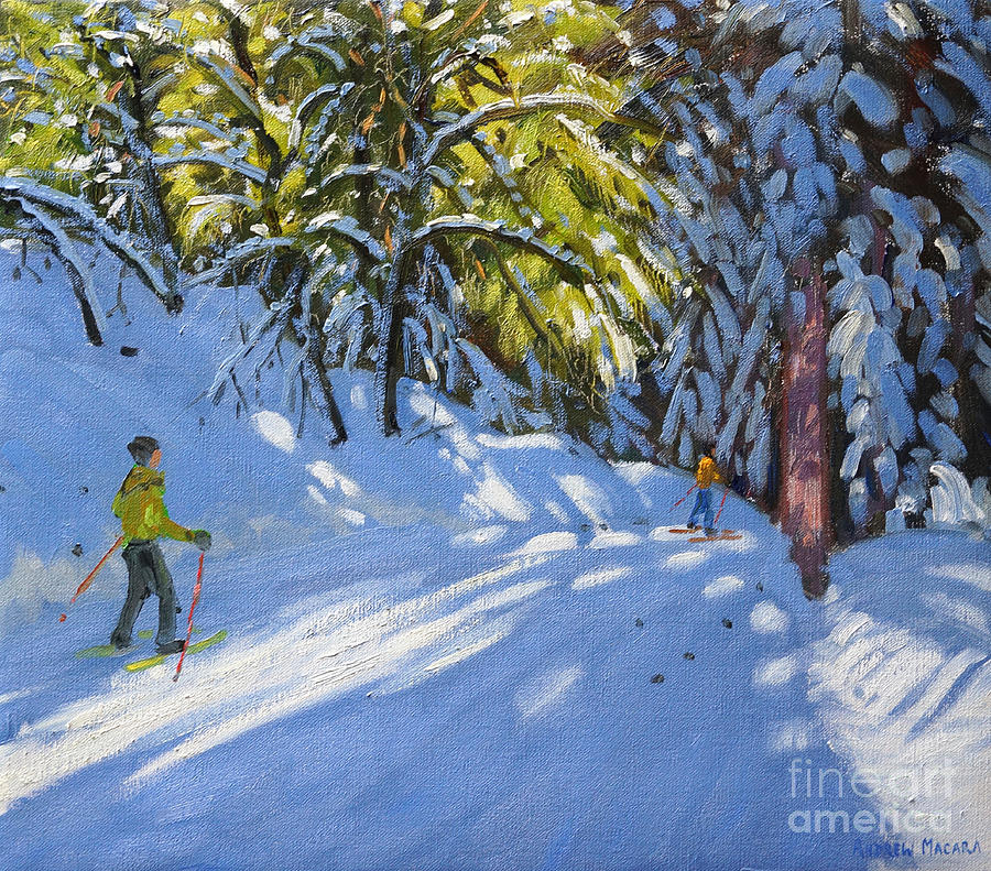 Winter Painting - Skiing through the Woods  La Clusaz by Andrew Macara