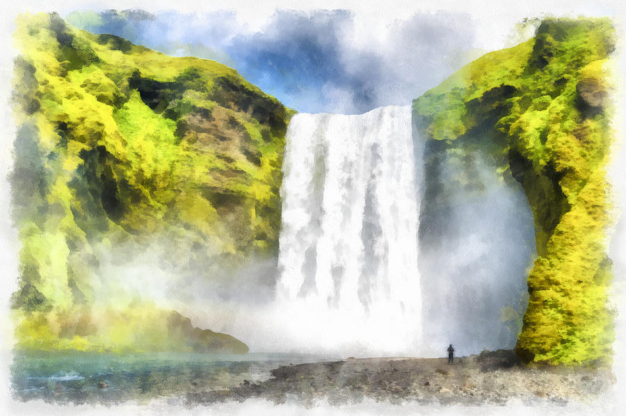 Nature Painting - Skogafoss waterfall Iceland painting aquarell watercolor by Matthias Hauser